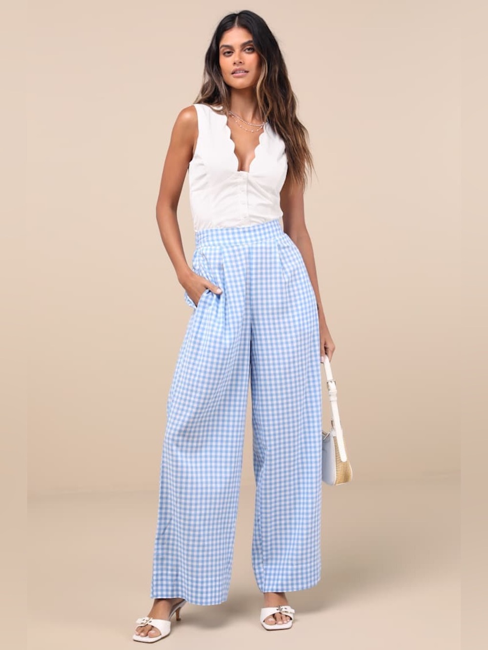 Delphine Blue and White Gingham Wide-Leg Pants - Picture 2 of 7